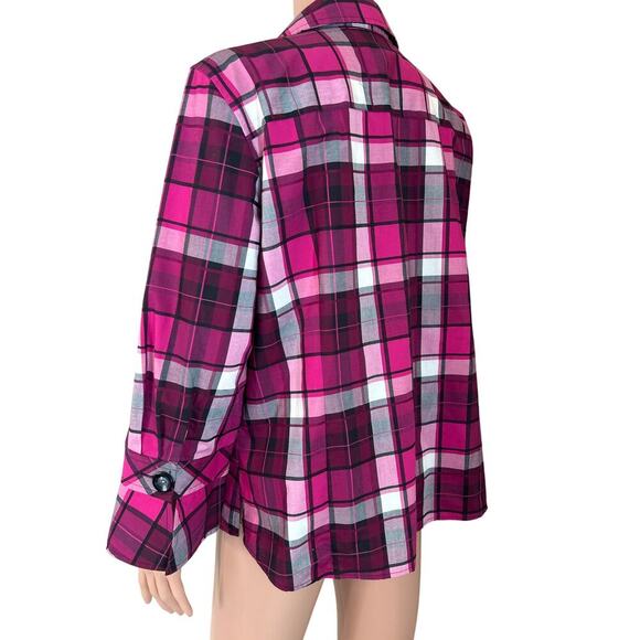 Pendleton Petite Flannel Wrinkle Free pink plaid wide sleeve button up pink/blk - Picture 4 of 9